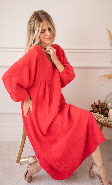 Maud Tetra Deep Red - Maxi Jurk