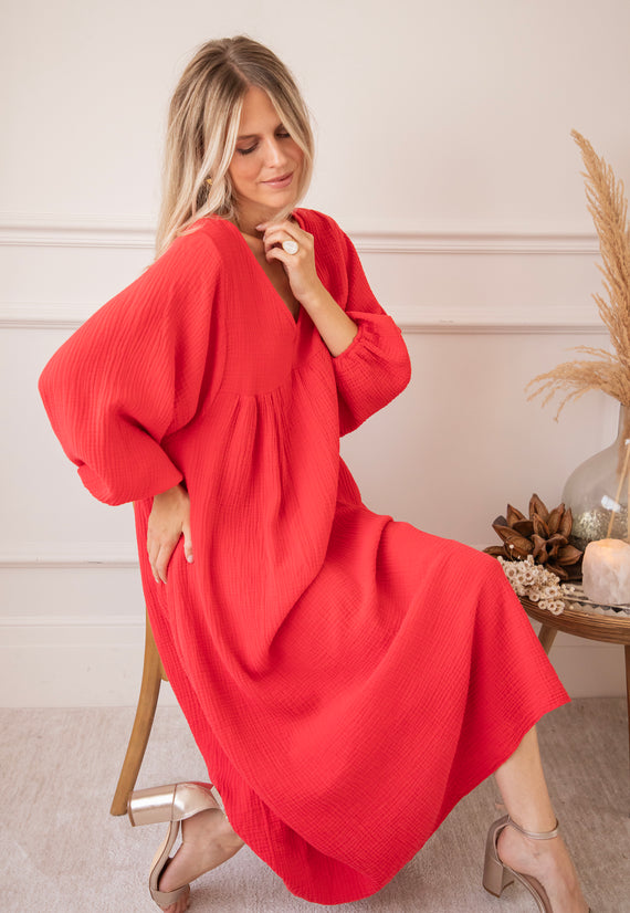 Maud Tetra Deep Red - Maxi Jurk