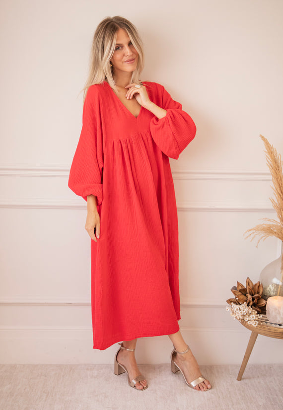 Maud Tetra Deep Red - Maxi Jurk