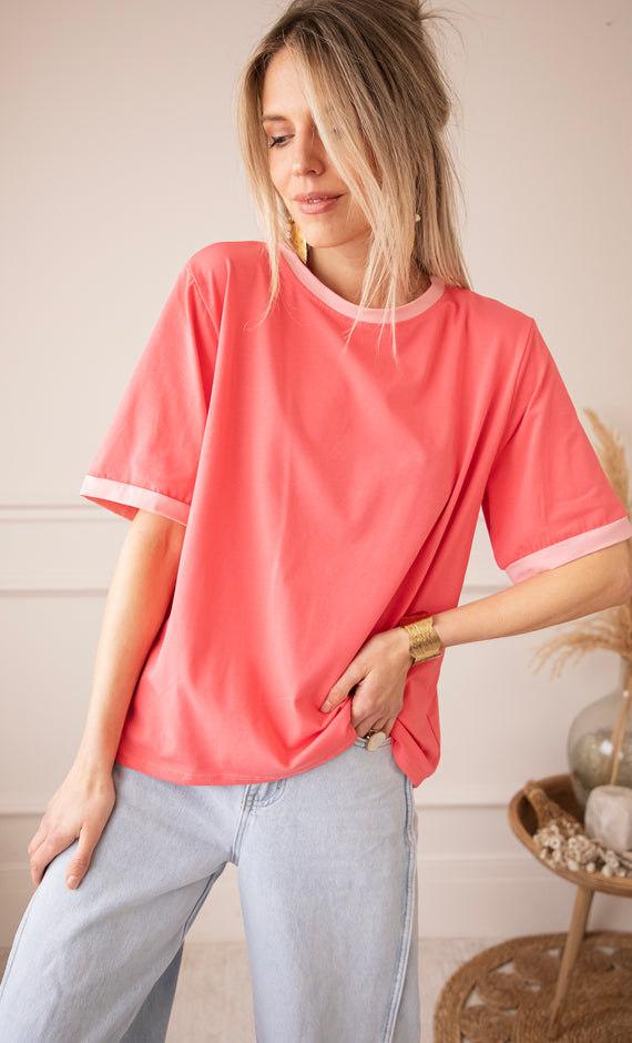 Sadie Contrast Coral/Baby Pink - T-Shirt