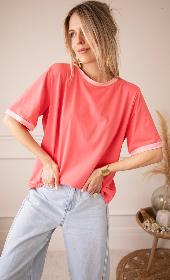 Sadie Contrast Coral/Baby Pink - T-Shirt