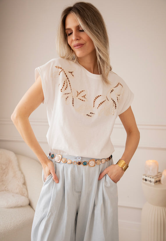 Fleur Crochet  White - T-Shirt