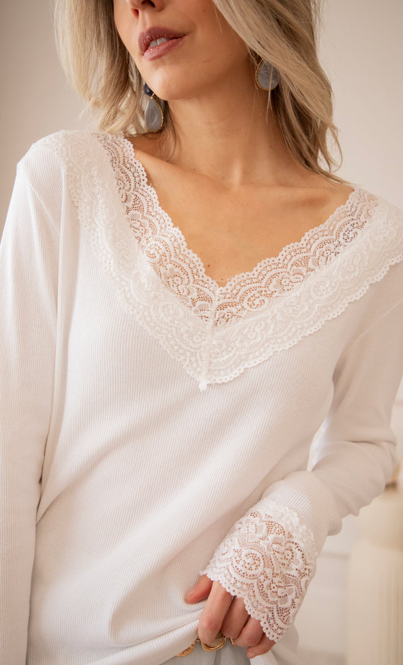 Langarmshirt - Base With Lace - Weiß