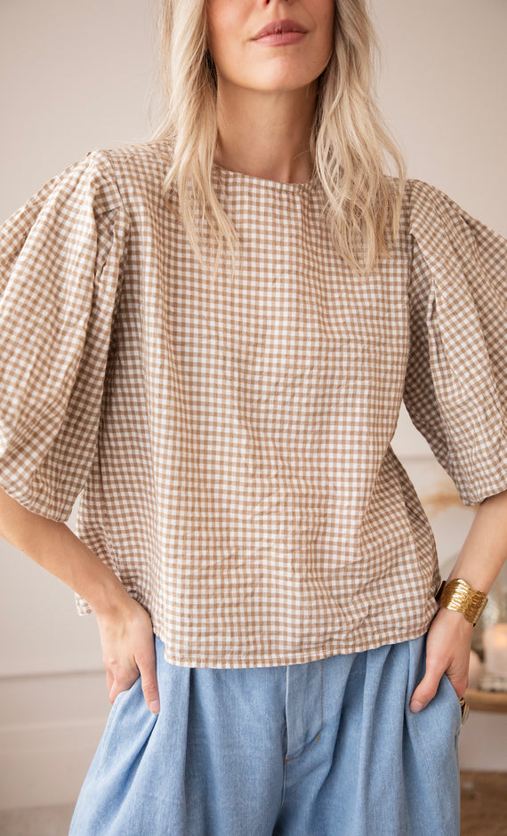 Bluse - Candice Check - Taupe