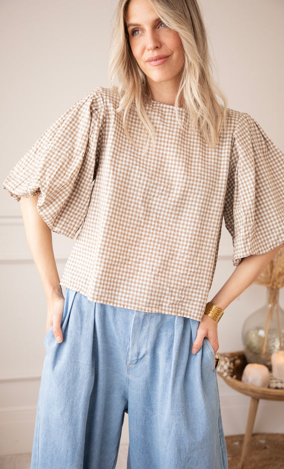 Bluse - Candice Check - Taupe