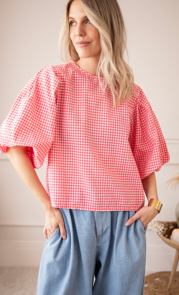 Bluse - Candice Check - Fuchsia