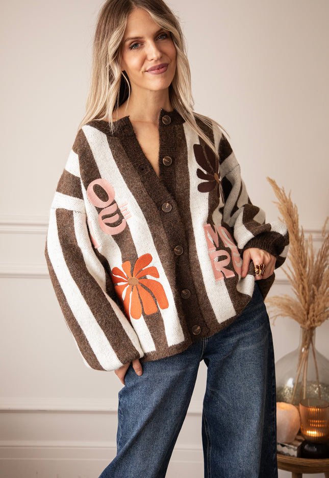 Weste - Love, Flowers & Stripes - Braun/Off-White