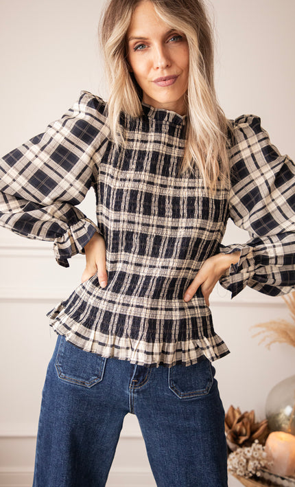 Bluse - Meet Me In Plaid - Marine/Beige