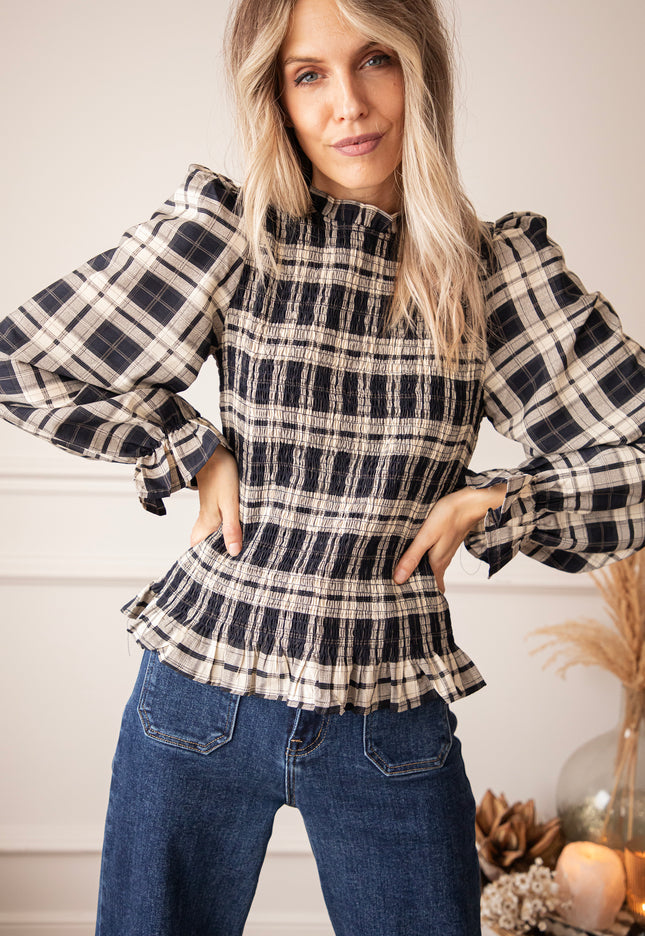 Bluse - Meet Me In Plaid - Marine/Beige