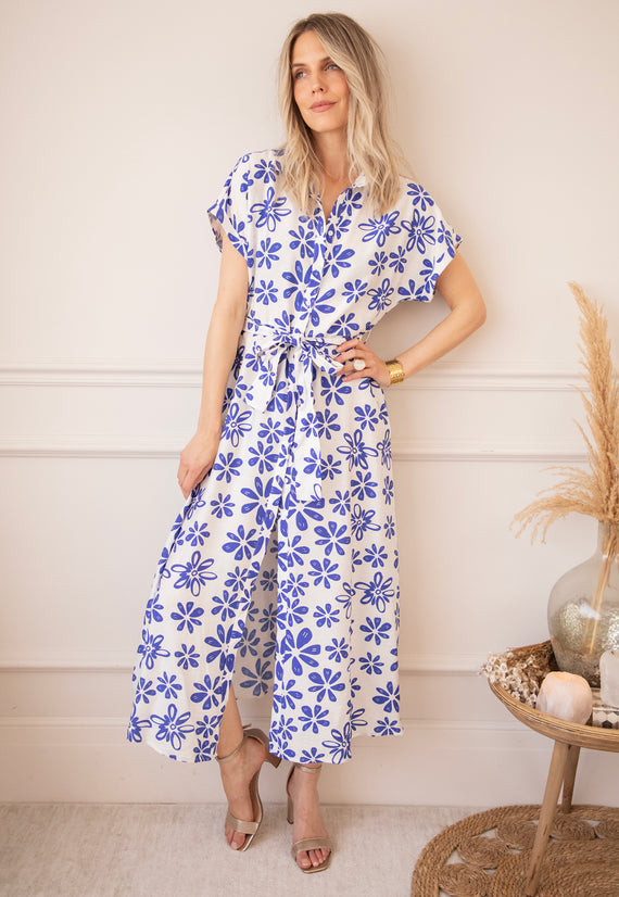 Bloom Oasis White/Dark Blue - Maxi Jurk