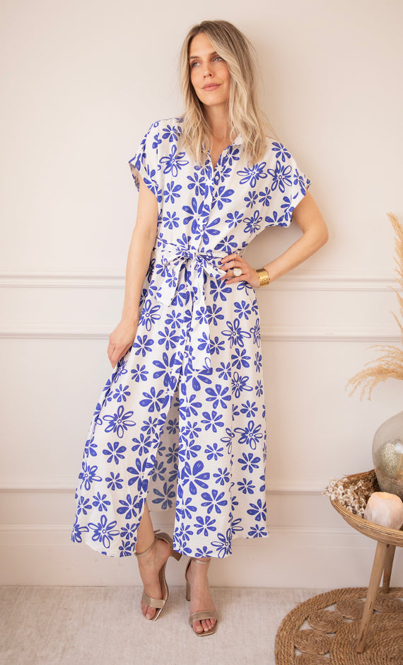 Bloom Oasis White/Dark Blue - Maxi Jurk
