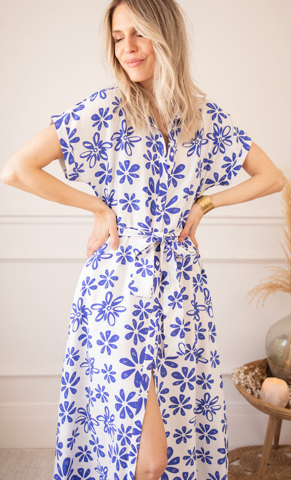 Bloom Oasis White/Dark Blue - Maxi Jurk