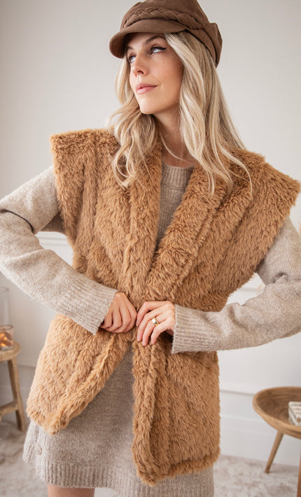 Ärmellose Jacke - Furry Much Love - Camel