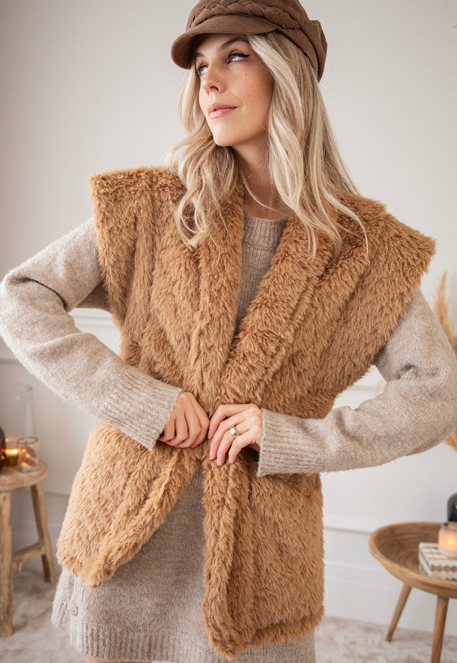 Ärmellose Jacke - Furry Much Love - Camel