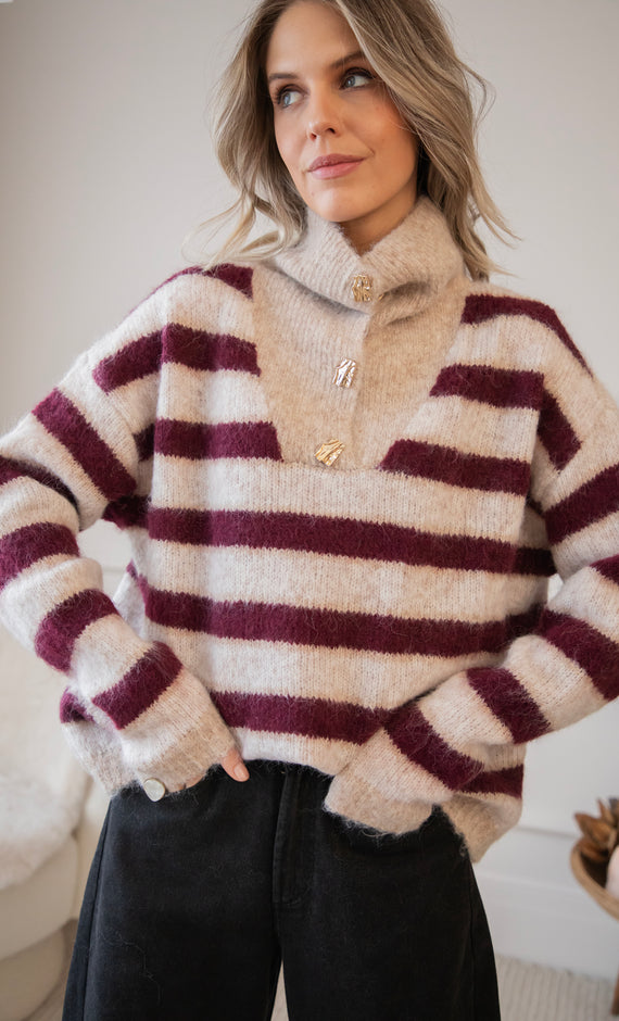 Pullover - Stripes So Soft - Bordeaux/Beige