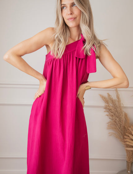 Bow One Shoulder Fuchsia - Maxi Dress