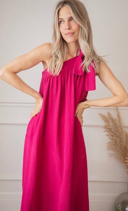 Bow One Shoulder Fuchsia - Maxi Dress