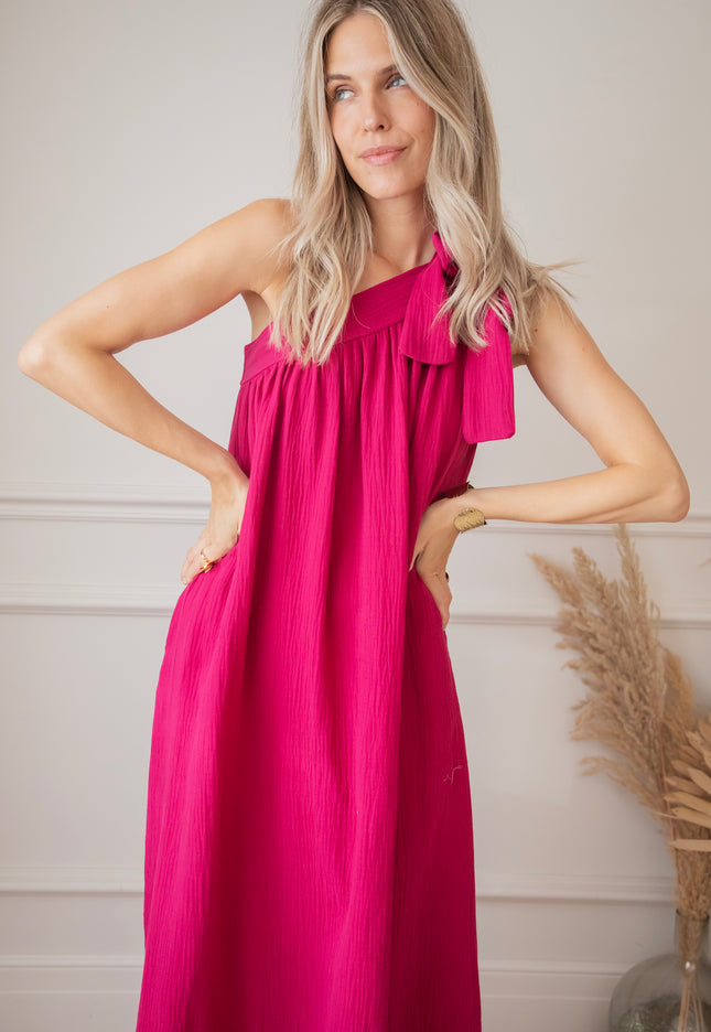 Bow One Shoulder Fuchsia - Maxi Dress