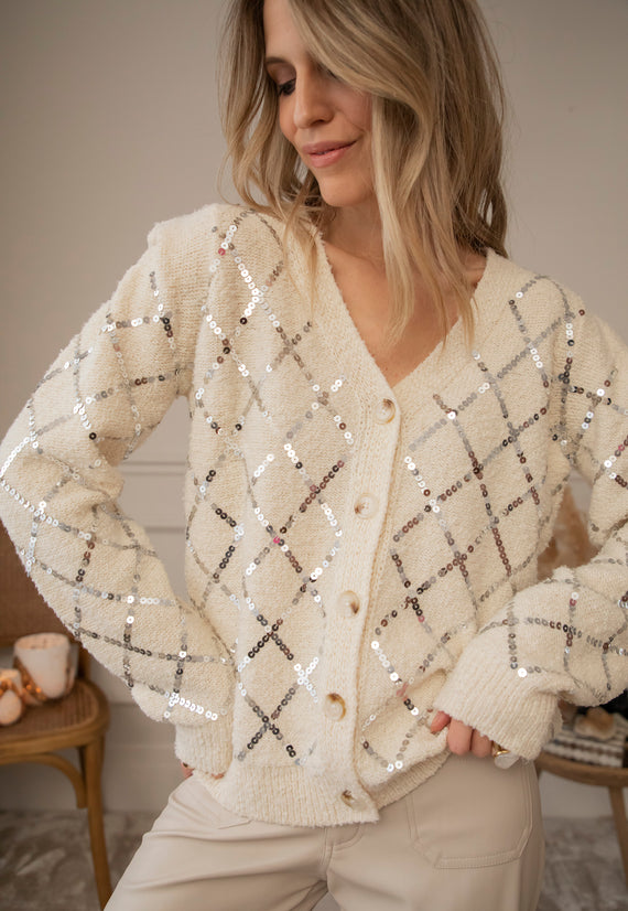 Sequins Squares Cream/Silver - Cardigan