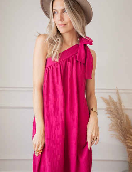 Bow One Shoulder Fuchsia - Maxi Dress