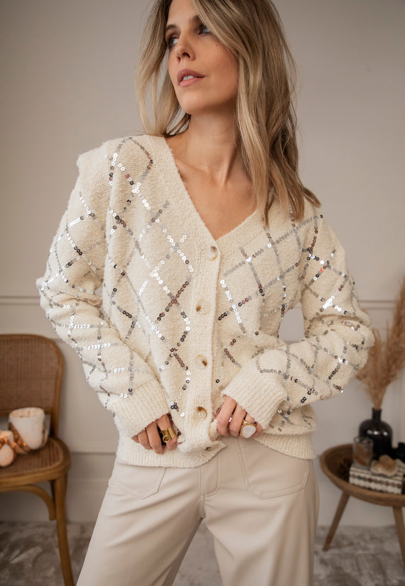 Sequins Squares Cream/Silver - Cardigan