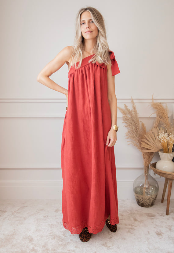 Bow One Shoulder Indian Red - Maxi Jurk