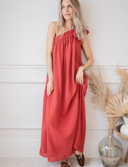 Bow One Shoulder Indian Red - Maxi Dress