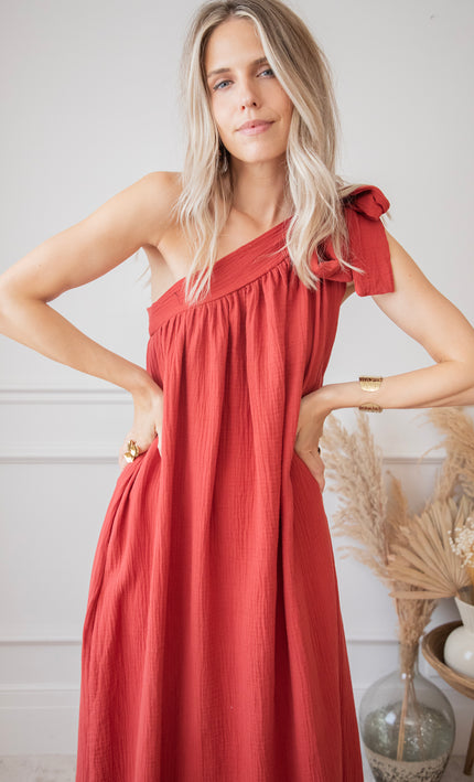 Bow One Shoulder Indian Red - Maxi Dress