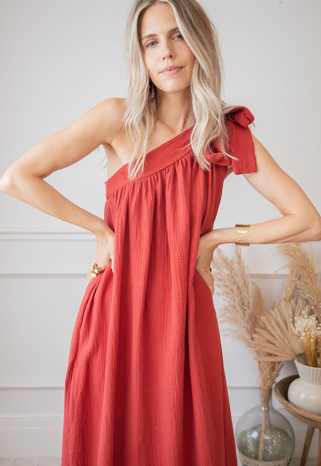 Bow One Shoulder Indian Red - Maxi Dress