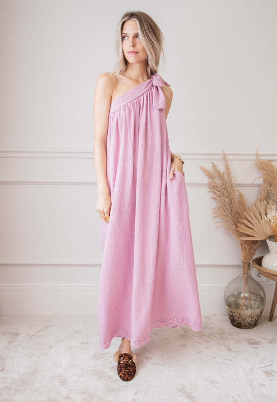 Bow One Shoulder Mauve - Maxi Jurk