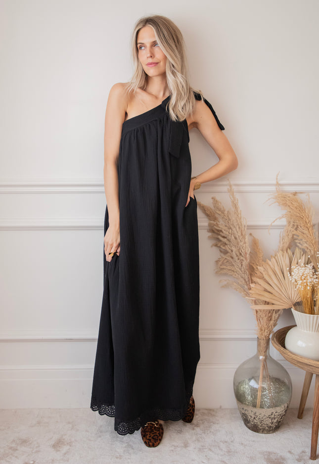 Bow One Shoulder Black - Maxi Jurk