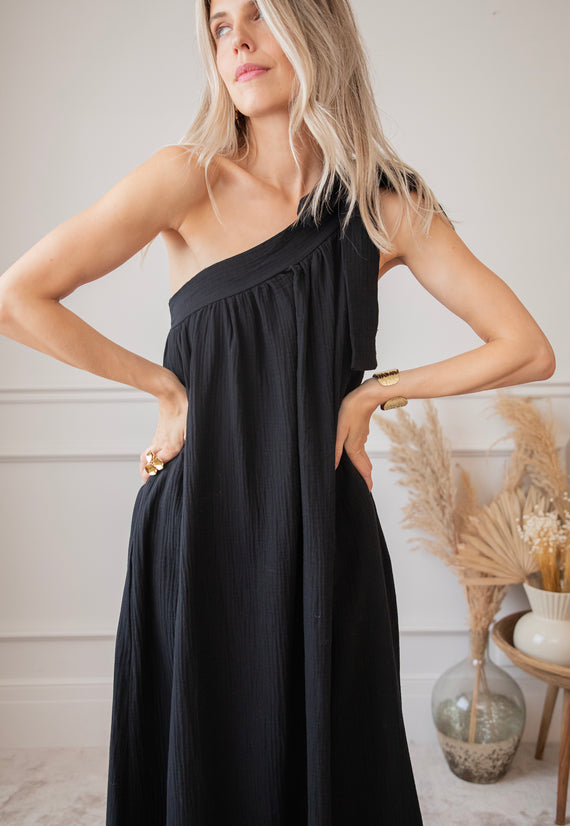 Bow One Shoulder Black - Maxi Jurk