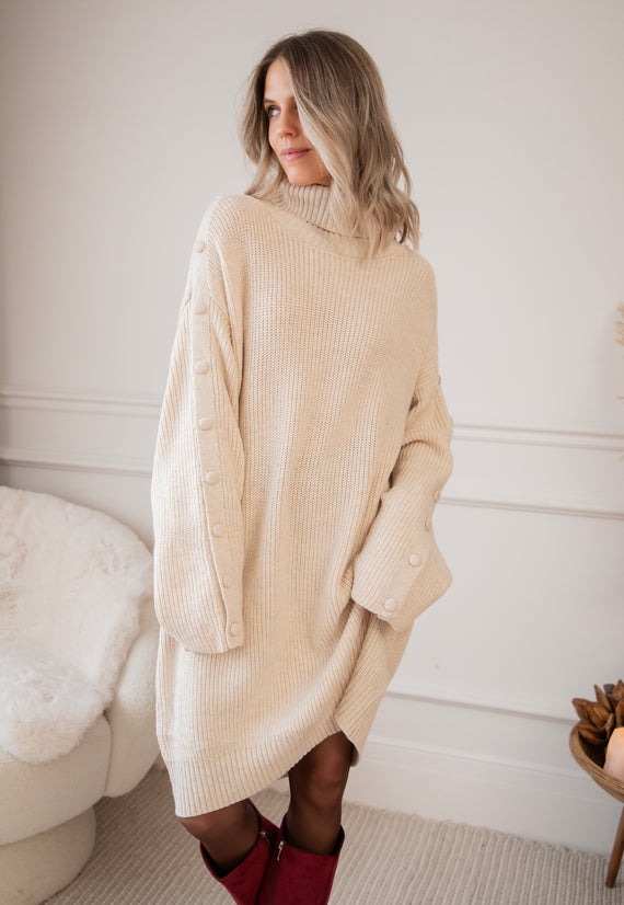 Baggy Button Beige - Sweater Dress