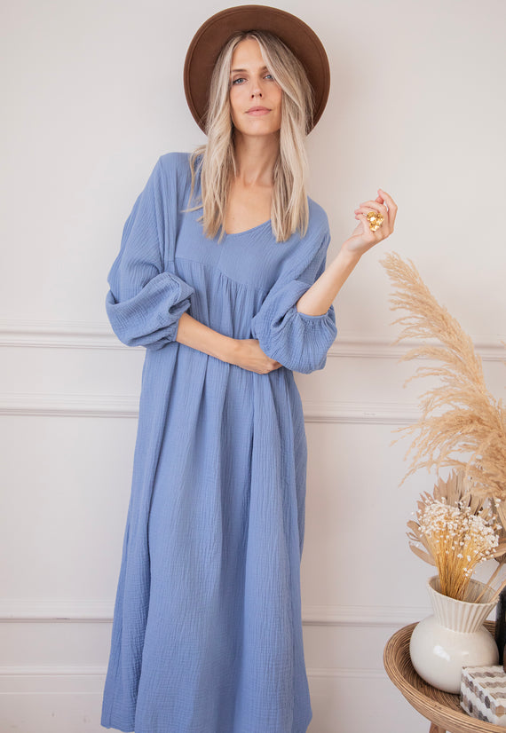 Maud Tetra Dusty Blue - Maxi Jurk