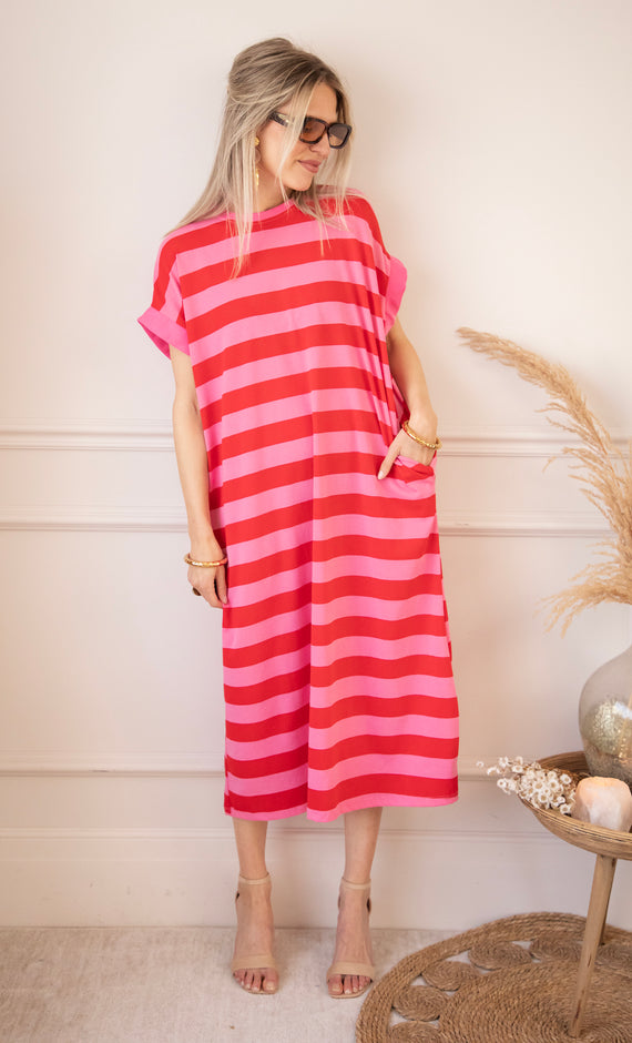 Stripe Me Happy Pink/Red - Maxi Jurk