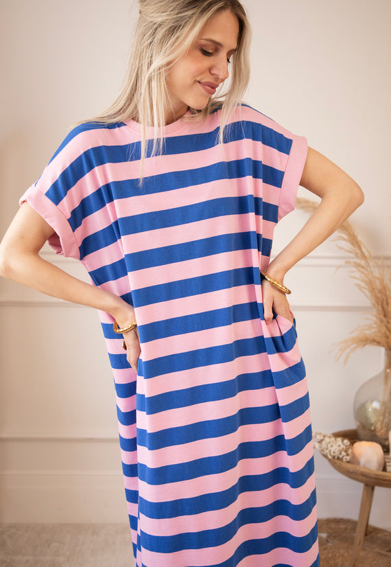 Stripe Me Happy Baby Pink/Dark Blue - Maxi Jurk