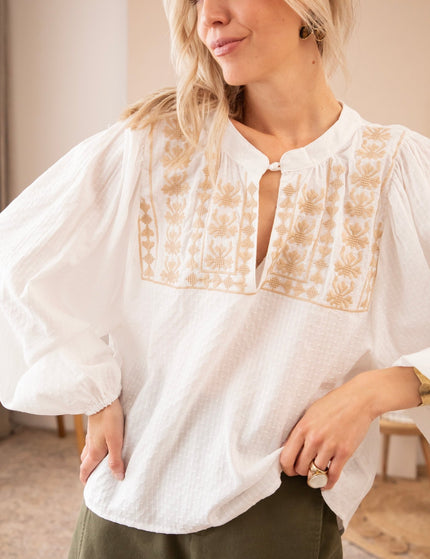 Amelia Embroidery White/Beige - Blouse - ellemilla