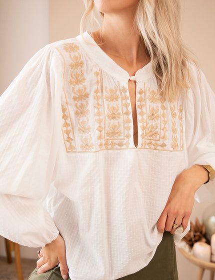 Amelia Embroidery White/Beige - Blouse - ellemilla