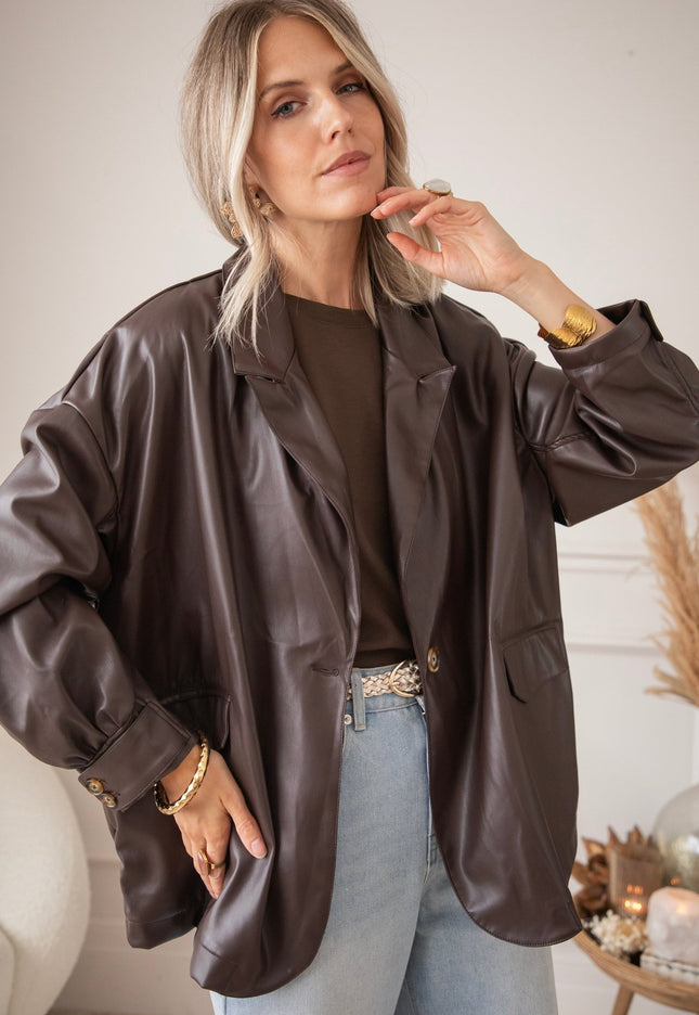Bomber Blazer Leather Dark Brown - Jacket - ellemilla