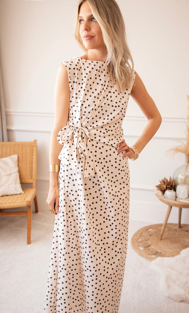 Bowtiful Dots Beige/Black - Maxi Jurk - ellemilla