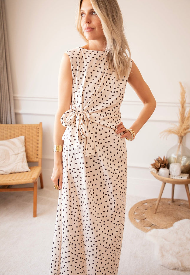 Bowtiful Dots Beige/Black - Maxi Jurk - ellemilla