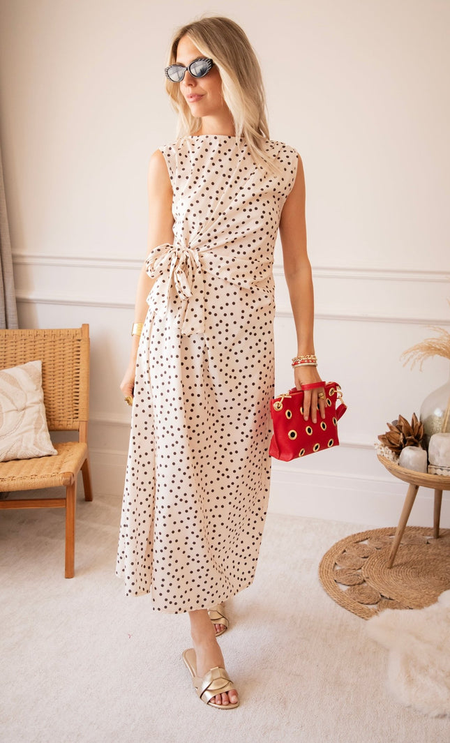 Bowtiful Dots Beige/Black - Maxi Jurk - ellemilla