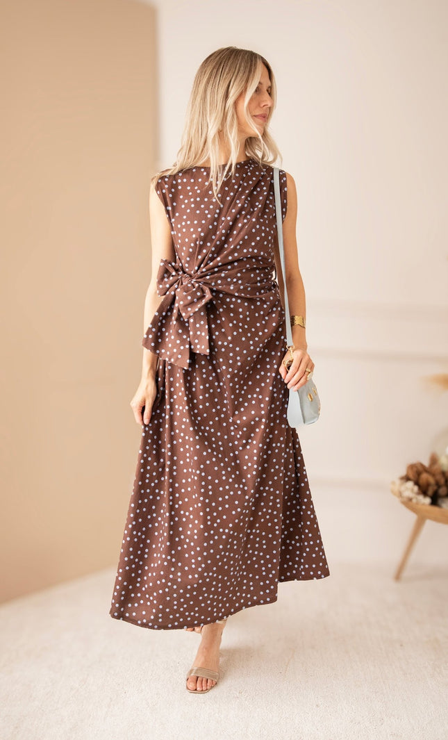 Bowtiful Dots Choco/Soft Blue - Maxi Jurk - ellemilla