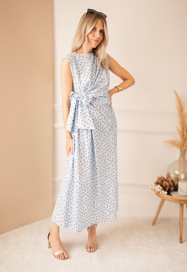 Bowtiful Dots Soft Blue/Brown - Maxi Jurk - ellemilla