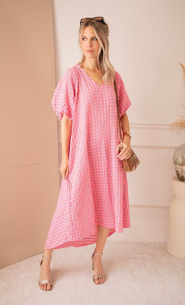 Chou Check Sweet Pink/Blue - Maxi Jurk - ellemilla