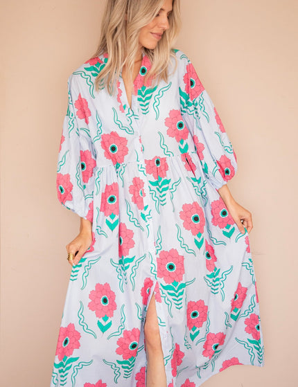 Full Flower Energy Soft Blue/Fuchsia - Maxi Jurk - ellemilla