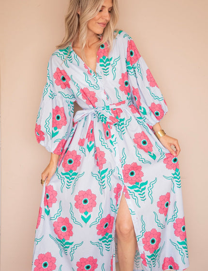 Full Flower Energy Soft Blue/Fuchsia - Maxi Jurk - ellemilla