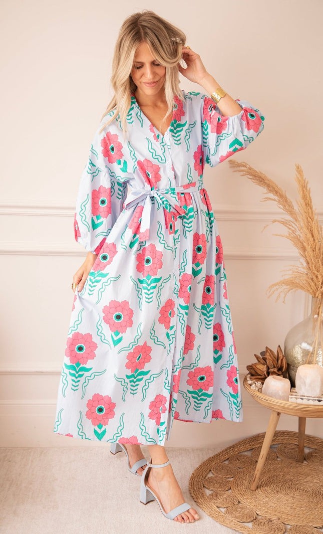 Full Flower Energy Soft Blue/Fuchsia - Maxi Jurk - ellemilla