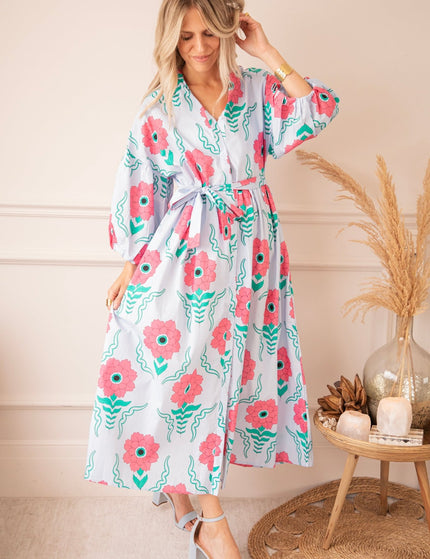 Full Flower Energy Soft Blue/Fuchsia - Maxi Jurk - ellemilla