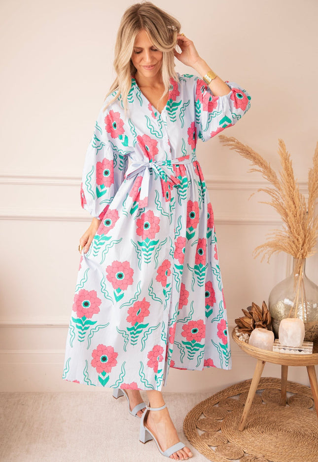Full Flower Energy Soft Blue/Fuchsia - Maxi Jurk - ellemilla